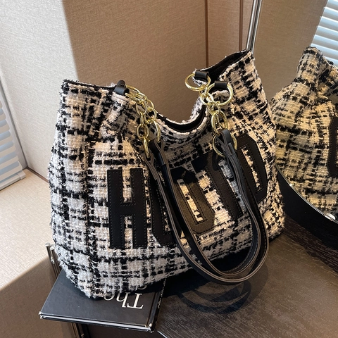 Bolso Tote de Tweed Vintage para Mujer de Gran Capacidad Bolso de Hombro Con Correa de Cadena Decoración de Letras Moda
