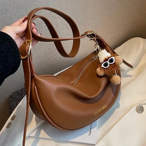 Women Litchi Grain PU Leather Hobo Bag Vintage Half-moon Crossbody Shoulder Bag With Plush Charm Casual Daily Handbag