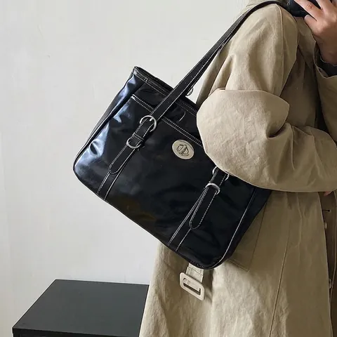 Damen Große Kapazität PU Leder Tote Bag Vintage Glänzende Schultertasche Mit Silber Drehverschluss Pendeln Arbeitstasche Für Damen