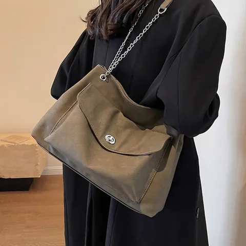 Women Large Capacity PU Leather Tote Bag Retro Chain Shoulder Bag With Metal Twist Lock Office Commute Casual Handbag