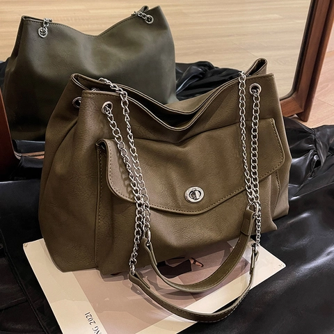 Women Large Capacity PU Leather Tote Bag Retro Chain Shoulder Bag With Metal Twist Lock Office Commute Casual Handbag