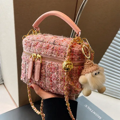 Women Tweed Plush Crossbody Bag Sequin Chain Handbag Elegant Small Square Box Bag With Monster Pendant