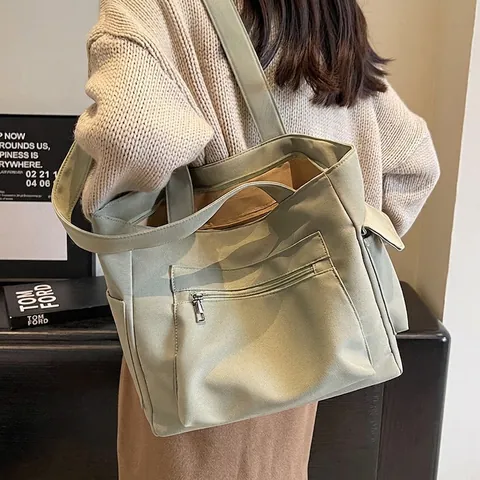 Large Capacity Canvas Tote Bag For Women Casual Commuting Shoulder Bag With Zipper Pockets Solid Color Fashion Handbag