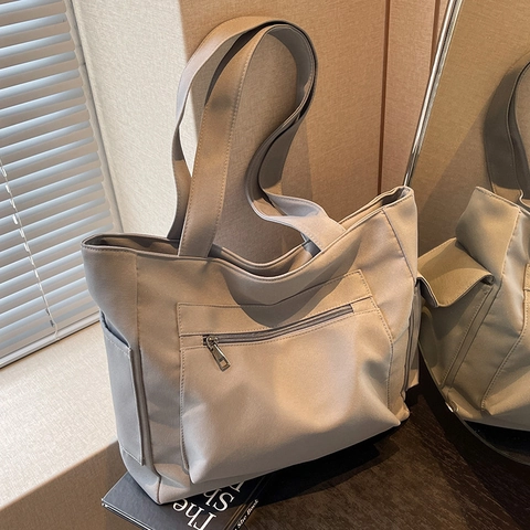 Large Capacity Canvas Tote Bag For Women Casual Commuting Shoulder Bag With Zipper Pockets Solid Color Fashion Handbag