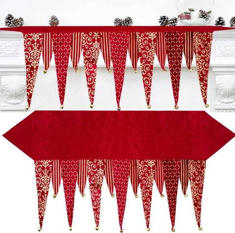 Runner da Tavolo Natalizio in Velluto Rosso Sciarpa per Camino Con Motivi in Lamina d'Oro e Campanelli in Metallo Per Decorazione
