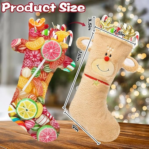 Calza di Natale in Peluche a Renna Con Corna Dorate 3D Decorazione Natalizia Sacchetto Regalo Appeso per Albero di Natale