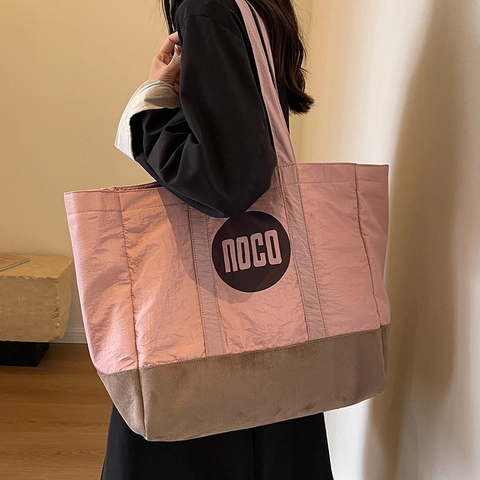 Borsa Tote in Tela di Grande Capacità per Donna Giunzione di Colori a Contrasto Borsa a Tracolla Casual Scuola Pendolare Con Cerniera
