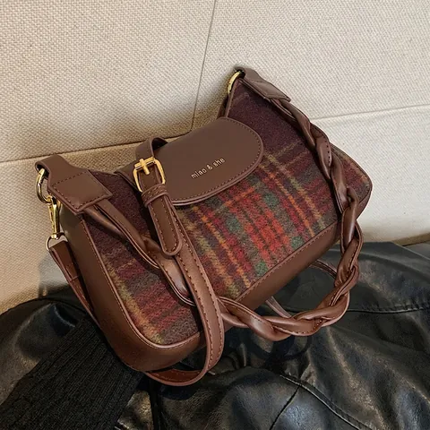 Bolso Bandolera de Cuadros Vintage para Mujer Estilo Británico Cuero PU Lana Empalme Bolso de Axila Gran Capacidad