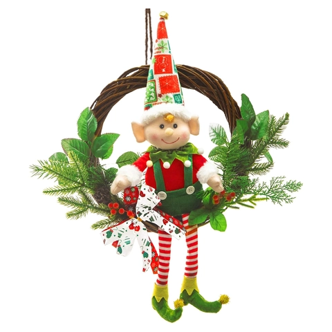 Christmas Elf Wreath Hanging Ornament Elf Rattan Ring Door Decor With Pine Needles Red Berries Festive Home Wall Decoration