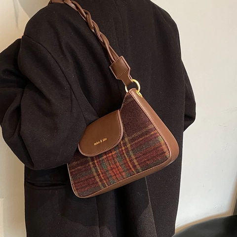 Bolso Bandolera de Cuadros Vintage para Mujer Estilo Británico Cuero PU Lana Empalme Bolso de Axila Gran Capacidad