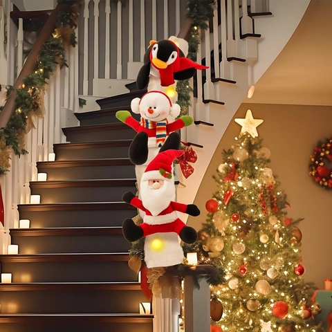 Ensemble de Décoration de Rampe d'Escalier de Noël LED Illuminé Peluche Père Noël Bonhomme de Neige Manchot Poupées Couverture Neige Artificielle Maison Intérieur Décoration Festive