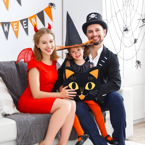 Coussin en Peluche Chat Noir d'Halloween Oreiller Décoratif Doux pour Canapé Décoration Maison Forme Tête de Chaton Mignon Cadeau