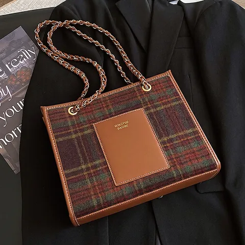 Vintage Karierte Woll Tragetasche Große Kapazität Pendler Schultertasche Mit Kette Herbst Winter Damen Handtasche