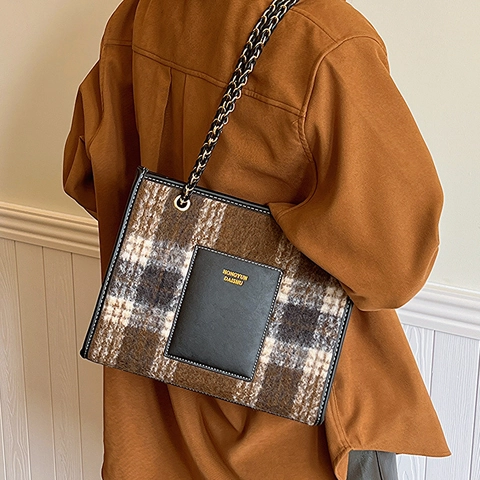 Vintage Karierte Woll Tragetasche Große Kapazität Pendler Schultertasche Mit Kette Herbst Winter Damen Handtasche