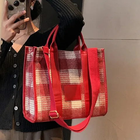 Vintage Kariert Tote Bag Damen Große Kapazität Hahnentritt Schultertasche Verstellbarer Gurt PU Leder Besatz Pendler Handtasche