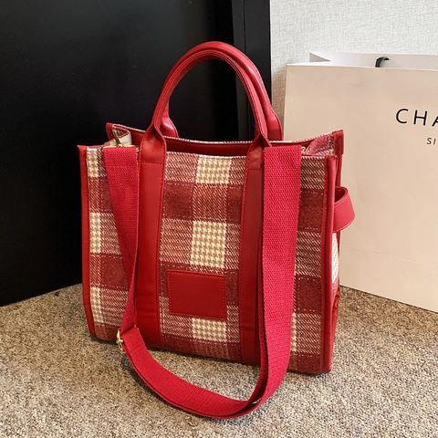 Vintage Kariert Tote Bag Damen Große Kapazität Hahnentritt Schultertasche Verstellbarer Gurt PU Leder Besatz Pendler Handtasche