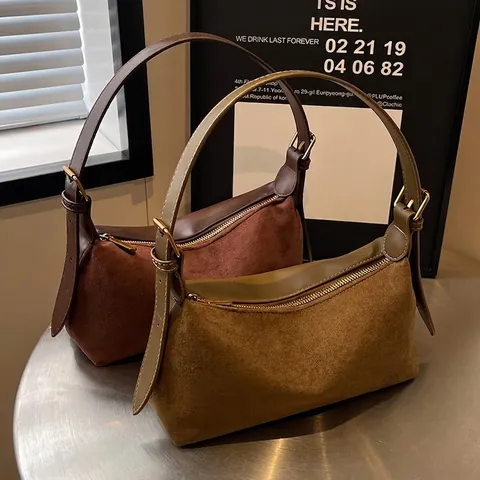 Vintage PU Suede Underarm Bag For Women Large Capacity Minimalist Solid Color Shoulder Bag Adjustable Strap Fashion Handbag