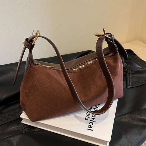 Vintage PU Suede Underarm Bag For Women Large Capacity Minimalist Solid Color Shoulder Bag Adjustable Strap Fashion Handbag