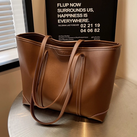Bolso Tote de Gran Capacidad de Cuero PU Con Costuras En Contraste Bolso de Hombro Minimalista Vintage Para Mujer Diario