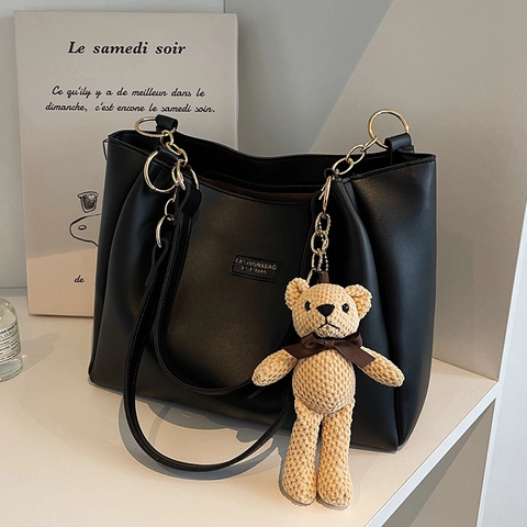 Bolso Tote de Cuero PU de Gran Capacidad para Mujer Bolso de Hombro Vintage en Color de Contraste Con Cadena y Colgante de Oso Desmontable Bolso de Viaje Diario