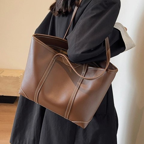 Bolso Tote de Gran Capacidad de Cuero PU Con Costuras En Contraste Bolso de Hombro Minimalista Vintage Para Mujer Diario