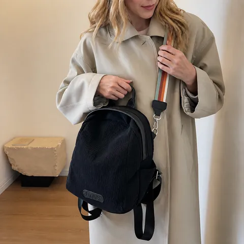 Women Corduroy Backpack Niche Design Casual Fashion Mini Travel Bag With Colorful Striped Straps Off-White Black