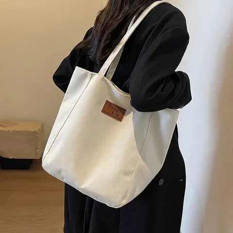 Bolso Tote de Lona para Mujer Gran Capacidad Bolso de Hombro Minimalista Color Sólido Bolso de Mano para Escuela Trabajo Compras Viaje