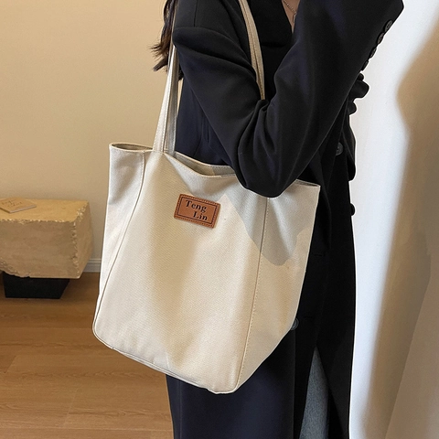 Bolso Tote de Lona para Mujer Gran Capacidad Bolso de Hombro Minimalista Color Sólido Bolso de Mano para Escuela Trabajo Compras Viaje