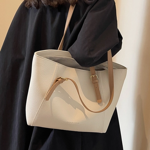 Dames Grote Capaciteit PU Leer Tote Tas Minimalistisch Kiezeltextuur Schoudertas Voor Werk School Casual Dagelijks Gebruik