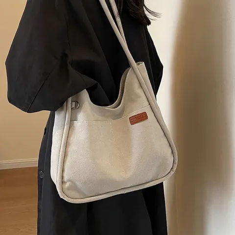 Bolso de Axila de Lona Minimalista Para Mujer Bolso Tote de Gran Capacidad Parche de Cuero Broche Magnético Color Sólido Bolso de Hombro Casual