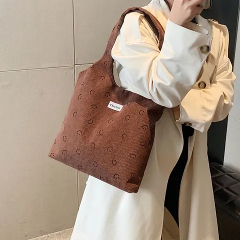 Bolso Tote de Pana de Gran Capacidad con Estampado de Cara Sonriente Bolso de Hombro Casual para Mujer Uso Diario