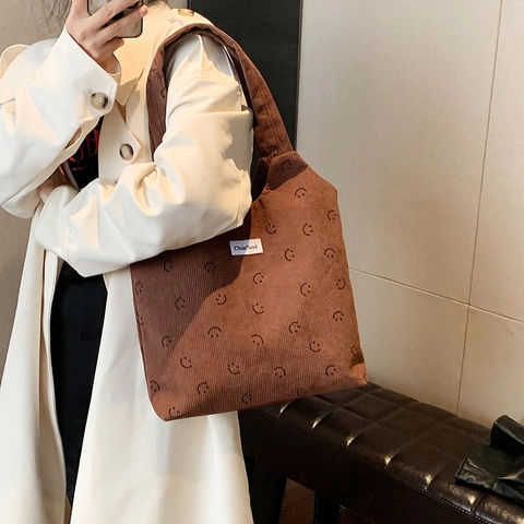 Bolso Tote de Pana de Gran Capacidad con Estampado de Cara Sonriente Bolso de Hombro Casual para Mujer Uso Diario
