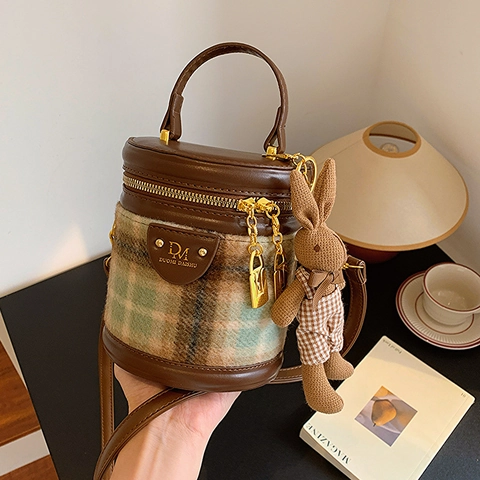 Vintage Plaid Woolen Bucket Bag For Women Retro PU Leather Splicing Barrel Crossbody Handbag With Rabbit Pendant