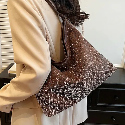 Borsa a Spalla in Scamosciato con Strass Vintage Donna Grande Capacità Lusso Borsa a Secchiello Hobo Moda Tote Viaggio Casual