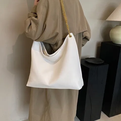 Dames Bucket Tas Grote Capaciteit PU Leer Minimalistisch Lychee Patroon Schoudertas Gouden Ketting Woon-werkverkeer