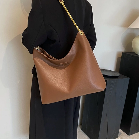 Dames Bucket Tas Grote Capaciteit PU Leer Minimalistisch Lychee Patroon Schoudertas Gouden Ketting Woon-werkverkeer