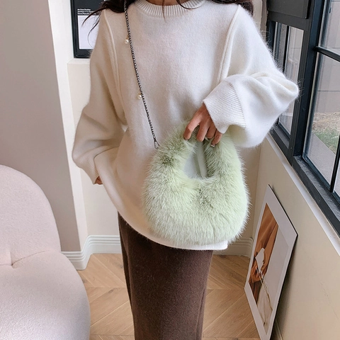 Women's Fashion Faux Fur Plush Shoulder Bag Minimalist Half Moon Hobo Bag With Chain Pearl Strap Autumn Winter Handbag
