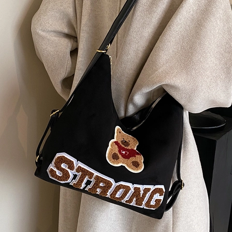 Mochila de Cuero PU Ante Retro para Mujer Gran Capacidad Parche de Oso Bordado de Letras Bolso de Hombro Casual Viaje Bolsa Colegio