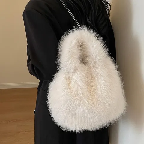 Women Faux Fur Handbag Large Capacity Plush Crossbody Bag Autumn Winter High-End Metal Chain Shoulder Bag Tote Purse