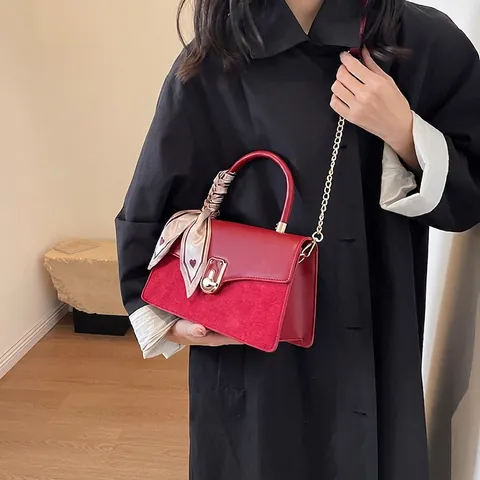 Borsa a Mano Donna in Pelle PU Patchwork Piccola Borsa Quadrata Chiusura Oro Manico con Sciarpa in Raso Tracolla a Catena