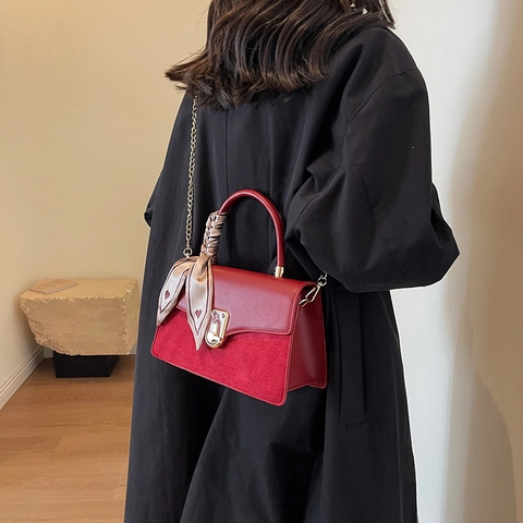 Borsa a Mano Donna in Pelle PU Patchwork Piccola Borsa Quadrata Chiusura Oro Manico con Sciarpa in Raso Tracolla a Catena