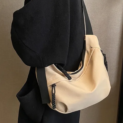 Large Capacity Nylon Hobo Bag For Women Casual Wide Shoulder Strap Crossbody Bag Minimalist Solid Color Shoulder Bag