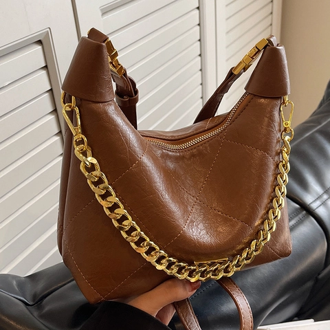 Women Vintage Quilted Rhombic PU Leather Hobo Dumpling Bag With Gold Chain Shoulder Crossbody Fashion Handbag