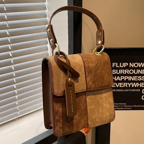 Borsa a Tracolla da Donna in Pelle PU Patchwork Vintage di Moda Borsa a Spalla Quadrata a Patta Con Hardware Dorato Borsa da Pendolare a Mano