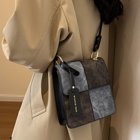 Borsa a Tracolla da Donna in Pelle PU Patchwork Vintage di Moda Borsa a Spalla Quadrata a Patta Con Hardware Dorato Borsa da Pendolare a Mano