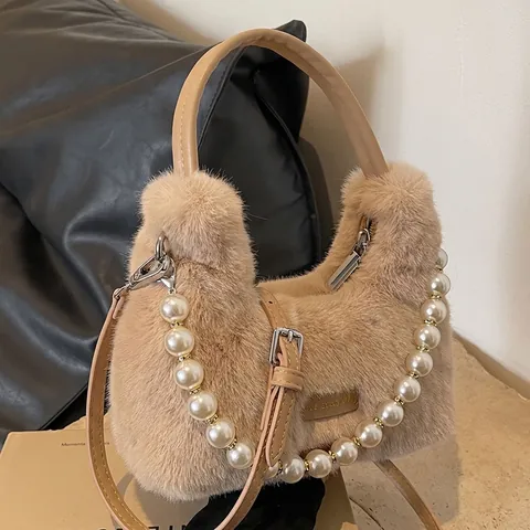 Sac à Main en Peluche Fausse Fourrure pour Femme Décoration Chaîne Künstliche Perle Automne Hiver Sac Bandoulière Élégant Quotidien