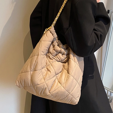 Sac Matelassé Grande Capacité en Tissu Oxford Texture Losanges Chaîne Sac à Bandoulière Avec Pochette pour Femme Mode Voyage