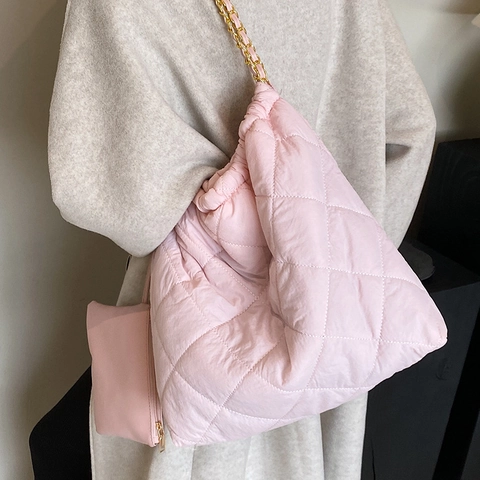 Sac Matelassé Grande Capacité en Tissu Oxford Texture Losanges Chaîne Sac à Bandoulière Avec Pochette pour Femme Mode Voyage