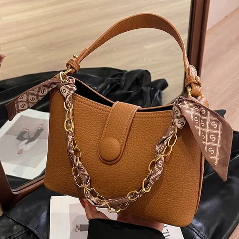 Vintage Pebble Grain PU Leather Crossbody Bag For Women Metal Chain Scarf Handle High End Small Square Handbag