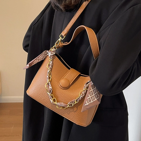 Vintage Pebble Grain PU Leather Crossbody Bag For Women Metal Chain Scarf Handle High End Small Square Handbag